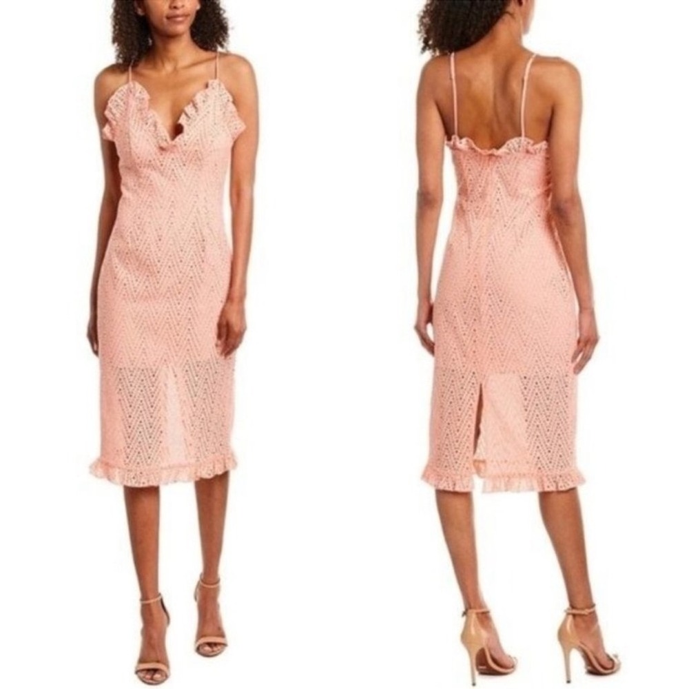 C/MEO COLLECTIVE Pink Eyelet Ruffle Midi Dress‎ Women Size L Cotton 14180401
